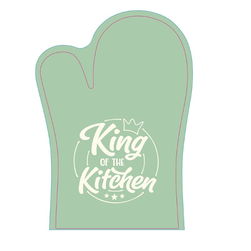 Stylish King of the Kitchen oven glove, featuring 100% polyester exterior, 100% cotton lining, and humor for home cooks.