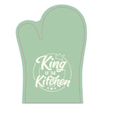 Stylish King of the Kitchen oven glove, featuring 100% polyester exterior, 100% cotton lining, and humor for home cooks.