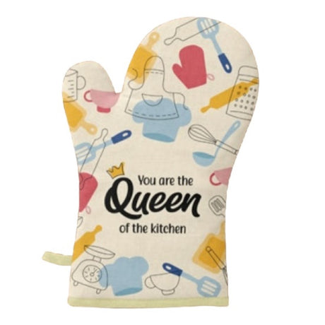 Stylish oven glove with "You are the Queen of the kitchen" phrase, ensuring heat protection and comfort for home cooks.