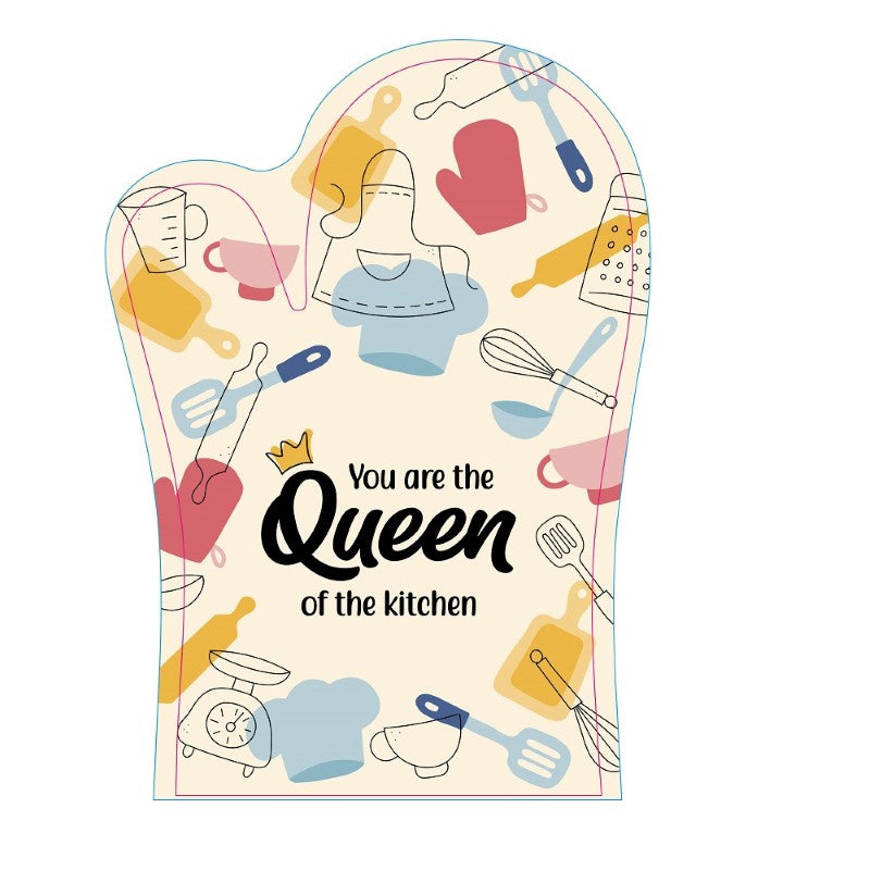 Charming "You are the Queen of the kitchen" oven glove, made of polyester and cotton, suitable for handling hot pots.