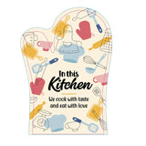Stylish oven glove with "In this kitchen - We cook with taste and eat with love" saying, perfect for home cooks and bakers.