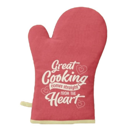 Stylish oven glove with heartwarming saying, perfect for home cooks; safe up to 250°C for 15 seconds.
