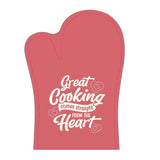Stylish oven glove with humorous saying, protects hands at 250°C, perfect gift for passionate home cooks.