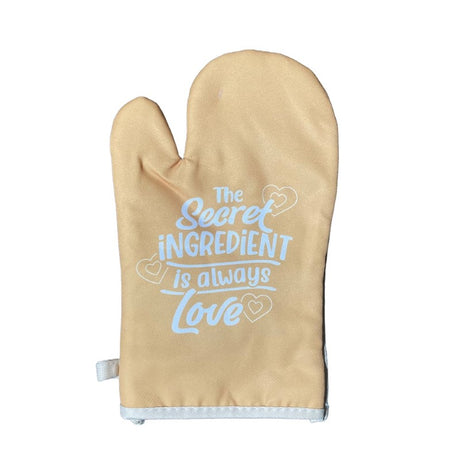 Stylish oven glove with "The secret ingredient is always love" for home cooks, made of polyester and cotton, safe up to 250°C.