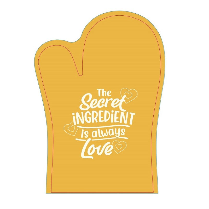 Stylish oven glove featuring "The secret ingredient is always love," ideal for home cooks and bakers, with vibrant designs.