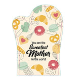 Stylish Sweetest Mother Oven Glove with heartfelt message, offering heat resistance and practicality for home cooking.
