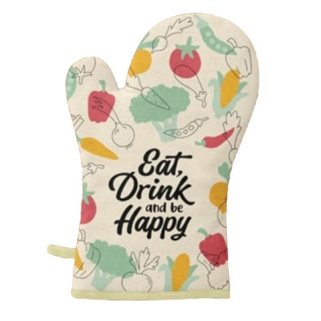 Whimsical oven glove featuring "Eat, Drink and Be Happy" slogan, made of durable polyester and cotton, safe up to 250°C.