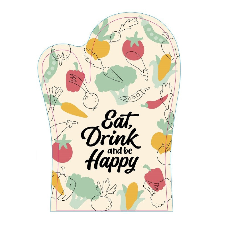 Whimsical oven glove featuring "Eat, Drink and Be Happy" message, designed for safety and comfort in the kitchen.