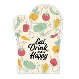 Whimsical oven glove featuring "Eat, Drink and Be Happy" message, designed for safety and comfort in the kitchen.