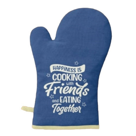 Colorful oven glove with 'Happiness is cooking with friends' saying, perfect for home cooks and fun kitchen decor.