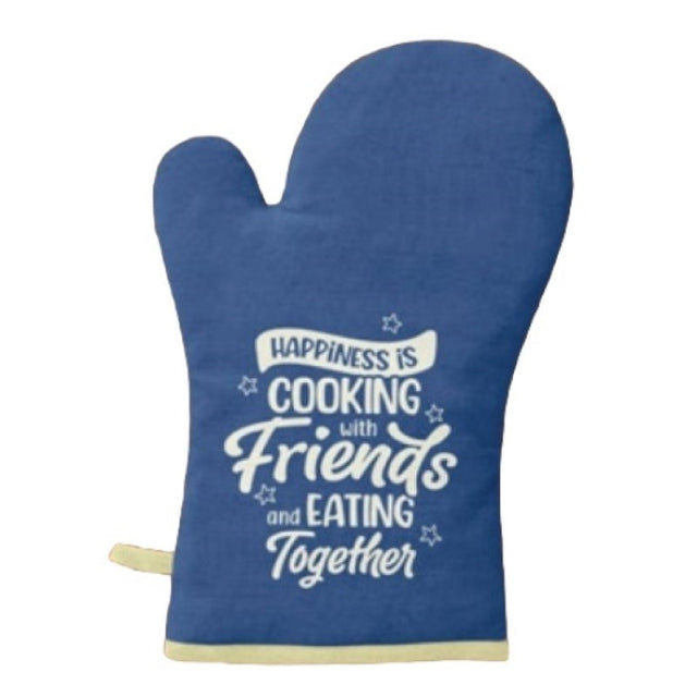 Colorful oven glove with 'Happiness is cooking with friends' saying, perfect for home cooks and fun kitchen decor.