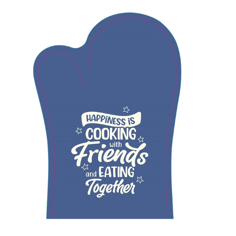 Colorful oven glove featuring the phrase "Happiness is cooking with friends," perfect for home cooks and gift giving.