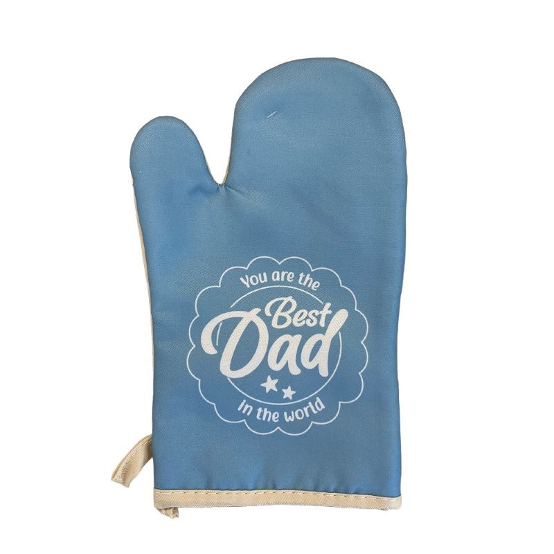 Oven glove featuring "Best Dad in the World" design, perfect gift for home cooks, heat resistant up to 250°C.