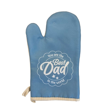 Oven glove featuring "Best Dad in the World" design, perfect gift for home cooks, heat resistant up to 250°C.