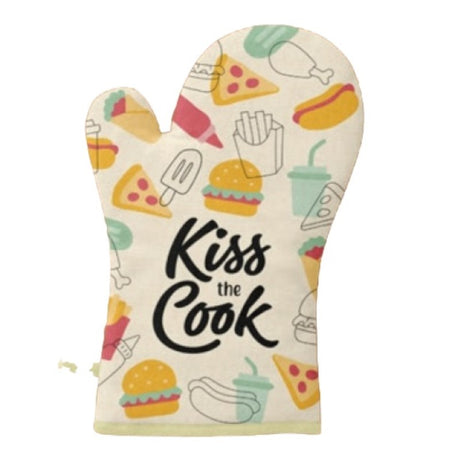 Stylish Kiss the Cook oven glove, 19.5x28.5cm, 100% polyester exterior, 100% cotton interior, max 250°C temperature.