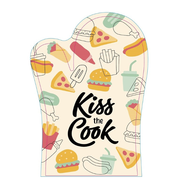 "Kiss the Cook Oven Glove with quirky slogan, durable polyester outer, and soft cotton inner, perfect for home chefs."