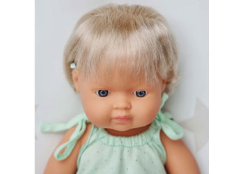 Caucasian girl baby doll with hearing aid, 38cm, promoting inclusivity and imaginative play for ages 3 and up.