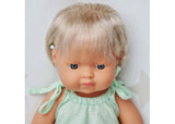 Caucasian girl baby doll with hearing aid, 38cm, promoting inclusivity and imaginative play for ages 3 and up.