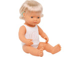 38cm Caucasian girl baby doll with hearing aid, promoting inclusivity and imaginative play for children aged 3 and up.