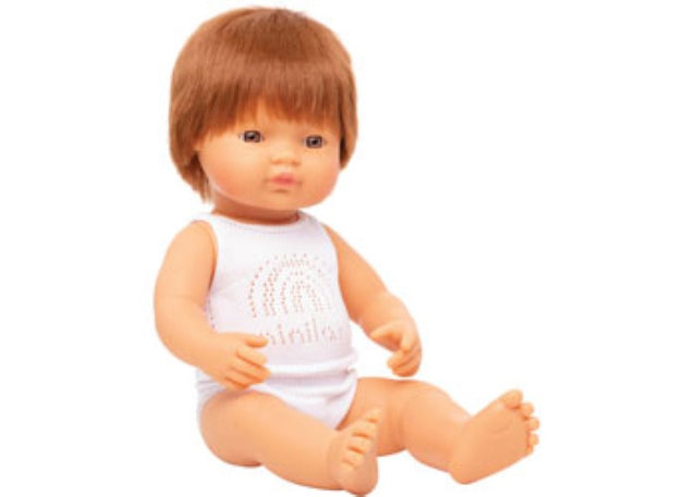 Caucasian redhead baby doll, 38cm, soft body, lifelike features, made from non-toxic materials for safe, nurturing play.