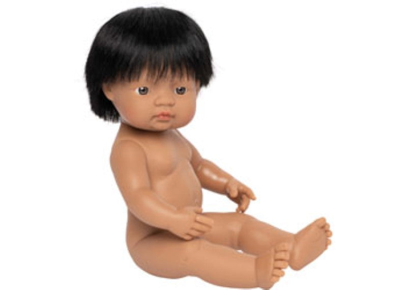 Realistic 38cm Hispanic boy baby doll with movable limbs, soft body, and safe, non-toxic materials for imaginative play.