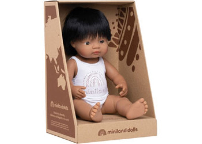 Miniland Hispanic boy baby doll, 38cm, soft-bodied, movable limbs, perfect for nurturing play and role-play in children.