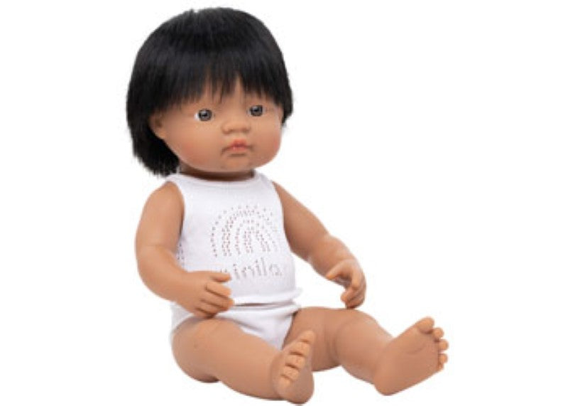 Lifelike 38cm Hispanic boy doll, perfect for nurturing play, role-play, and developing social skills in children.