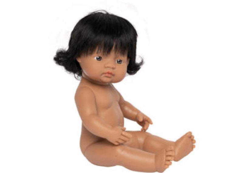 Realistic 38cm Hispanic girl baby doll with a warm smile, styled hair, perfect for nurturing imaginative play.