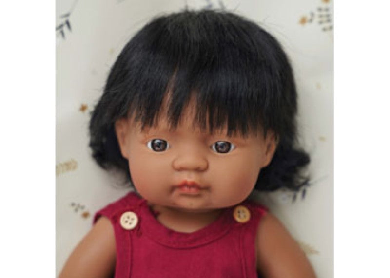 38cm Hispanic girl baby doll with realistic features, styled hair, and non-toxic materials, perfect for imaginative play.