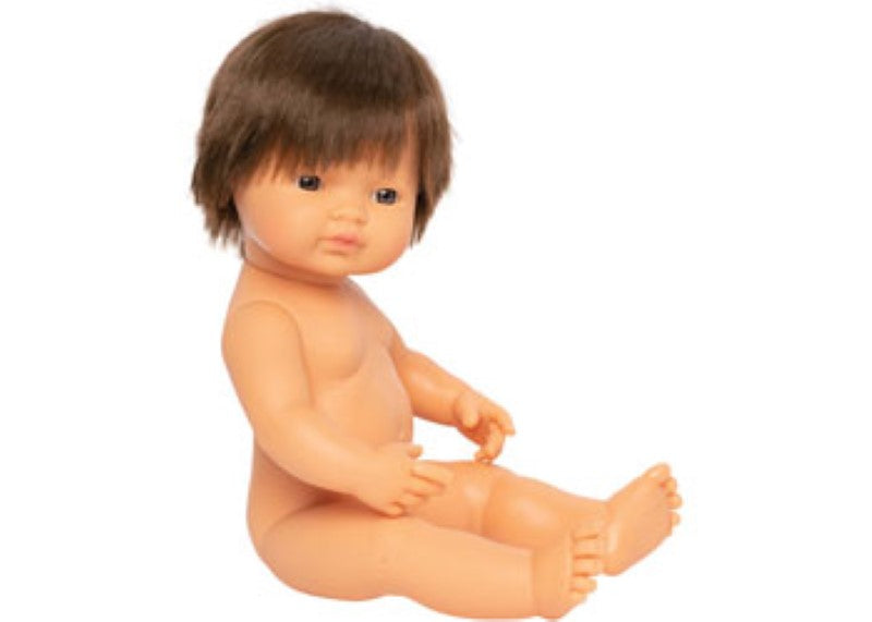 Miniland Baby Doll, 38cm Caucasian Brunette Boy with realistic features, perfect for nurturing play and imaginative adventures.