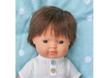 Caucasian brunette boy baby doll, 38cm, designed for nurturing play and imaginative role-playing for kids aged 3 and up.