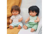 Caucasian brunette boy baby doll, 38cm, soft body with movable limbs, perfect for imaginative and nurturing play.