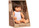 Caucasian brunette baby doll, 38cm, soft body, movable limbs, perfect for nurturing and imaginative play for kids 3+.