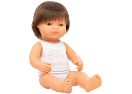 Caucasian Brunette Boy baby doll, 38cm, designed for nurturing play and imaginative role-playing for kids aged 3 and up.