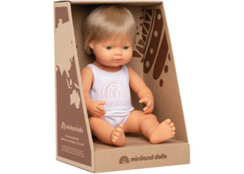 Caucasian dark blonde baby doll, 38cm, with blue eyes and soft vinyl, perfect for nurturing play and creative role-play.