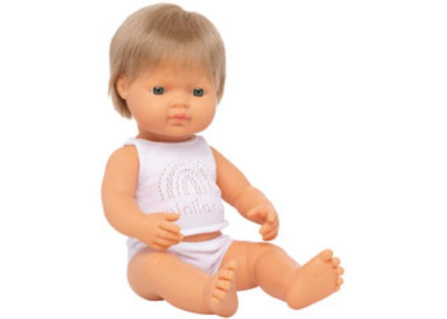 Caucasian dark blonde boy doll, 38cm, soft vinyl, blue eyes, perfect for nurturing play and early childhood development.