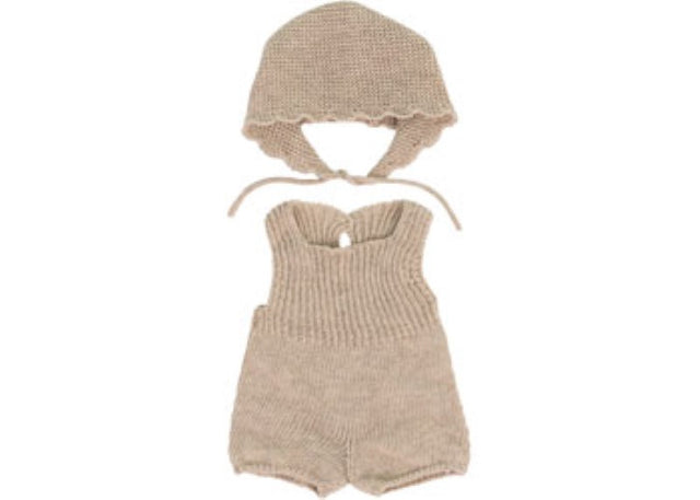 Miniland knitted doll outfit for 38cm dolls includes a vibrant romper and bonnet, perfect for imaginative play and role-play.