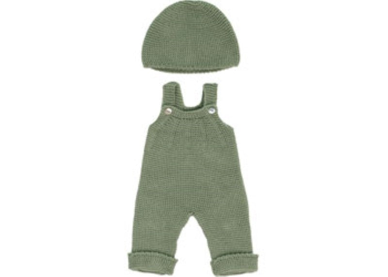 Miniland Knitted Doll Outfit for 38cm dolls, featuring cozy overalls and a matching beanie hat, perfect for imaginative play.