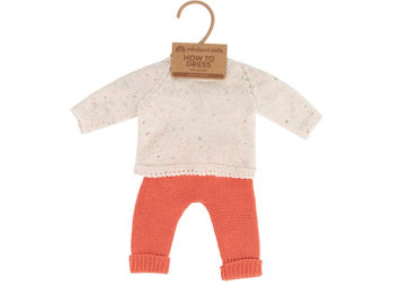 Cozy knitted sweater and stylish trousers outfit for 38cm dolls, perfect for imaginative play and doll fashion.