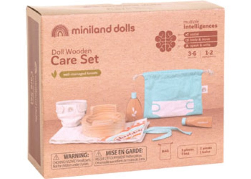 Wooden doll care set for kids, promoting nurturing play, empathy, and fine motor skills with eco-friendly materials.