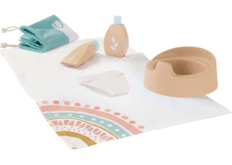 Wooden doll care set for imaginative play, featuring eco-friendly materials and a beautifully designed doll. Ideal for preschoolers.