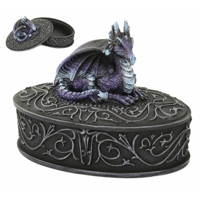 Intricate oval trinket box featuring a majestic dragon design, perfect for storing jewelry and keepsakes.