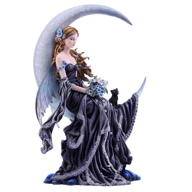 Alt text: Enchanting Nene Thomas Wind Moon Fairy figurine on a crescent moon with a black cat, showcasing exquisite fantasy art.