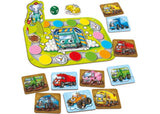 Colorful board game featuring trucks on a muddy adventure, promoting counting, teamwork, and strategic thinking for kids.