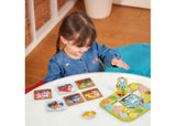 Colorful board game featuring trucks transporting fruit through playful farm scenes, designed for kids aged 3 and up.