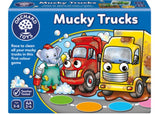 Colorful board game featuring trucks racing through muddy farm scenes, promoting learning and social skills for kids aged 3+.