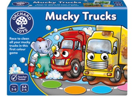 Colorful board game featuring trucks racing through muddy farm scenes, promoting learning and social skills for kids aged 3+.