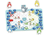 Colorful board game featuring penguins navigating icy obstacles to collect fish, ideal for family fun and skill development.