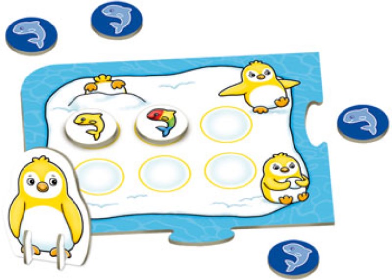 Colorful board game featuring playful penguins collecting fish on an icy landscape for family fun and learning.