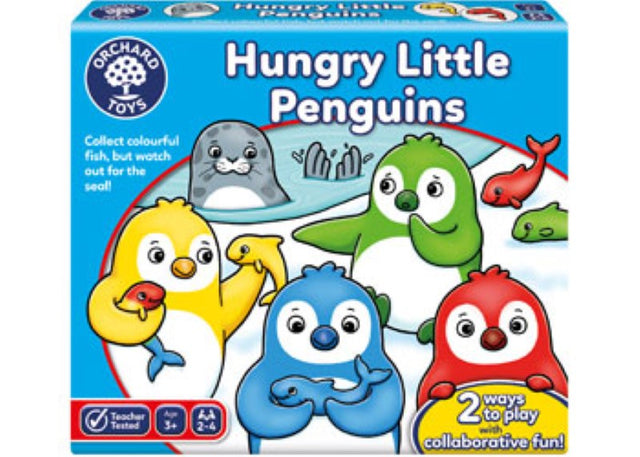 Colorful board game featuring penguins collecting fish on ice, designed for family fun and educational play for kids.